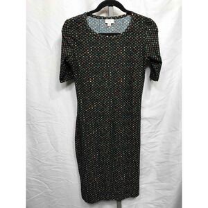 LuLaRoe Sarah Dress Black Multi Color Star Print Short Sleeve Midi XS